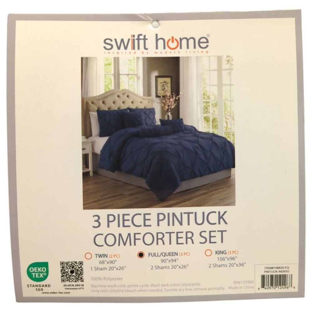 Swift Home 3-Piece Pintuck Comforter & Sham Set, Full/Queen, Indigo